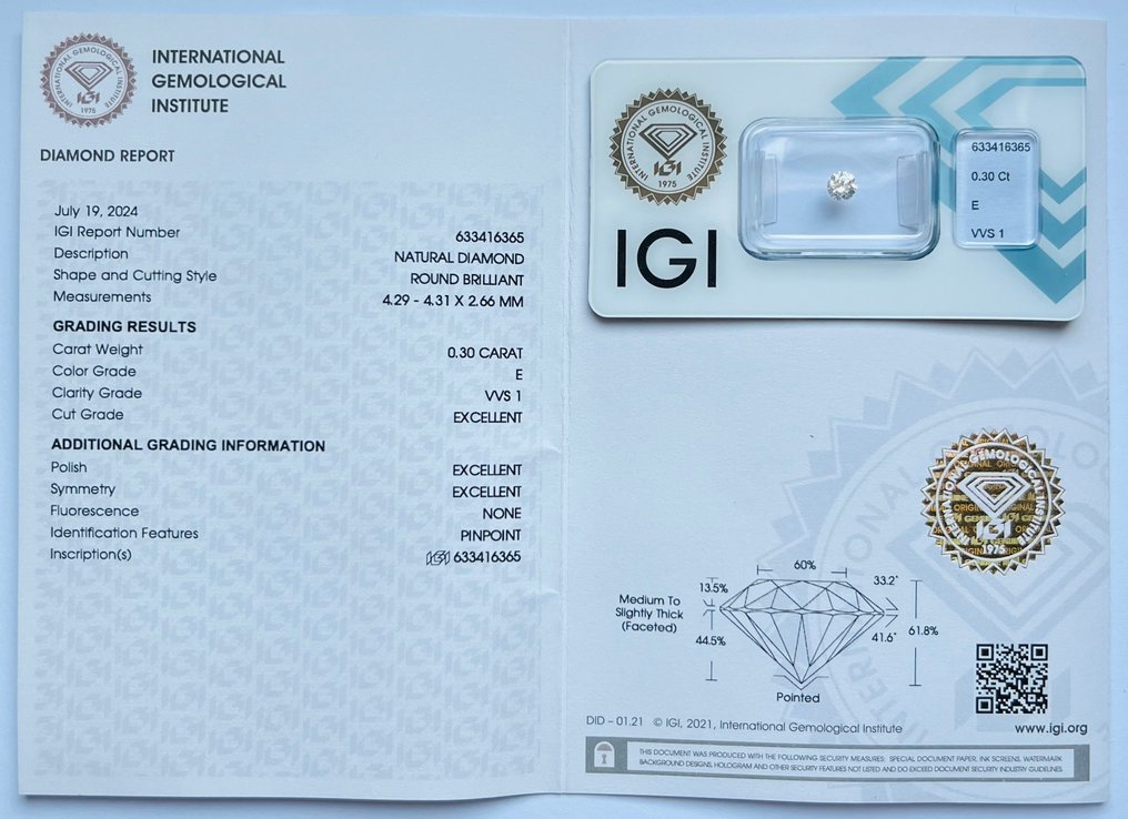 1 pcs 钻石  (天然)  - 0.30 ct - 圆形 - E - VVS1 极轻微内含一级 - 国际宝石研究院（IGI） - Ex Ex Ex 无 #3.2