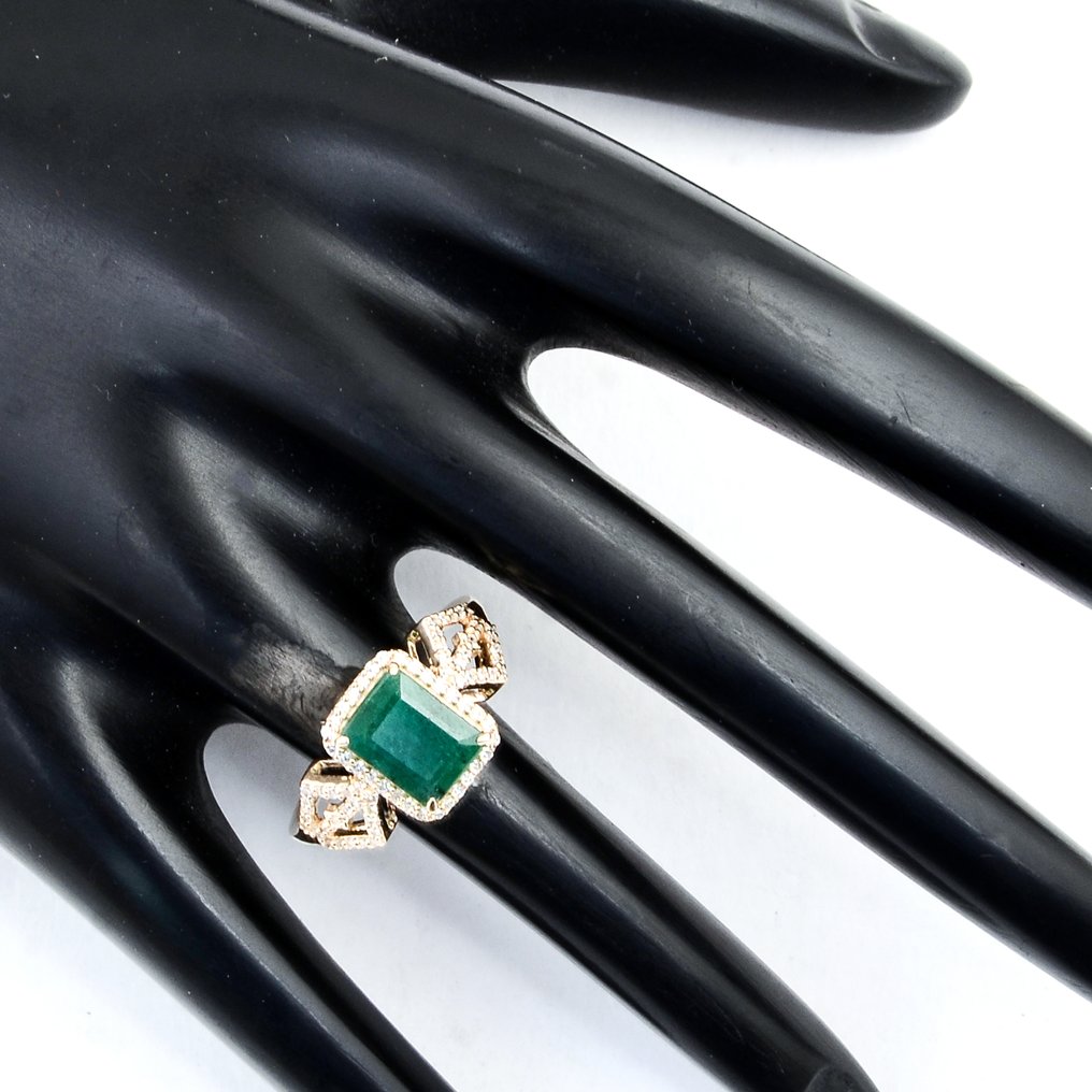 Bague - 14 carats Or jaune - 2.02ct. tw. Émeraude - Diamant #1.0