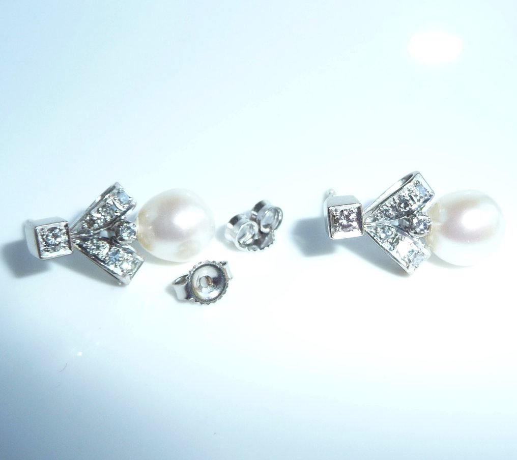 耳环 - 14K包金 白金 - 0.30ct. tw. 钻石 (天然) - 珍珠 - 浪漫的 #4.3