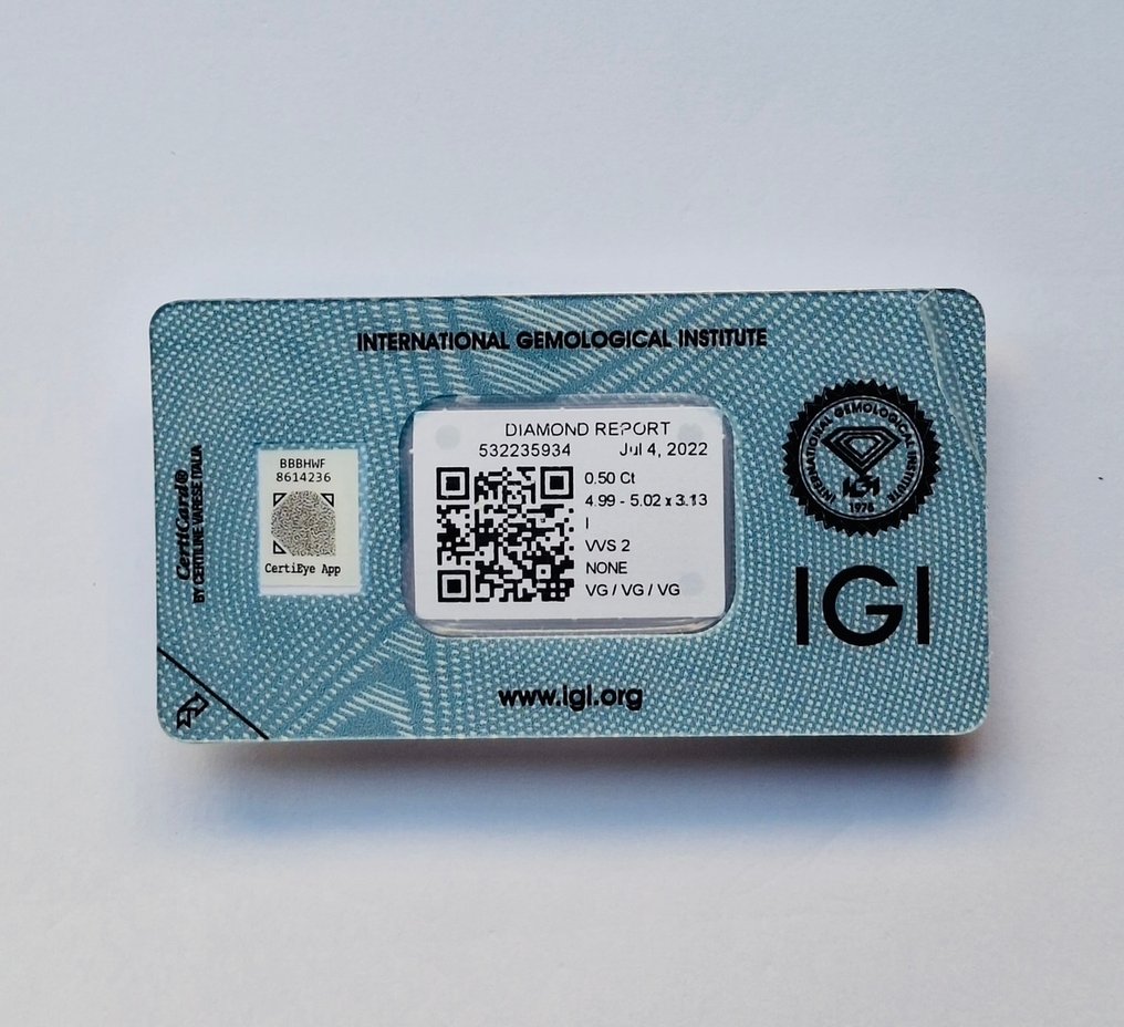 1 pcs 钻石  (天然)  - 0.50 ct - 圆形 - I - VVS2 极轻微内含二级 - 国际宝石研究院（IGI） #1.0