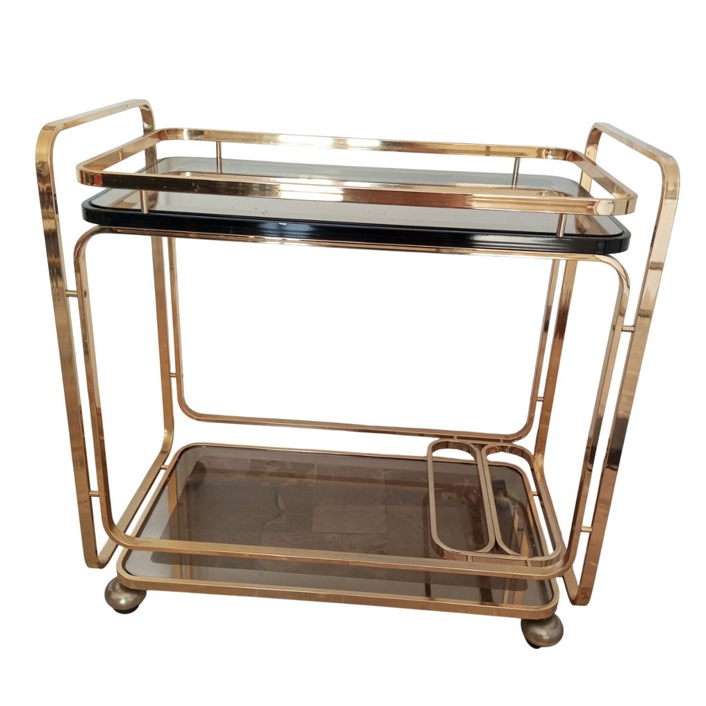 Καροτσάκι σερβιρίσματος - Ιταλικό ρολόι μεταφοράς σε χρυσό μέταλλο, δεκαετία του 1980 - Γυαλί, Μέταλλο - Ιταλικό ράφι μπαρ από ορείχαλκο. #1.0