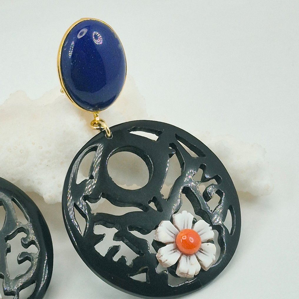 Lapis lazuli - Silver, Gold-plated - Earrings - Lapis Lazuli and Horn #4.3