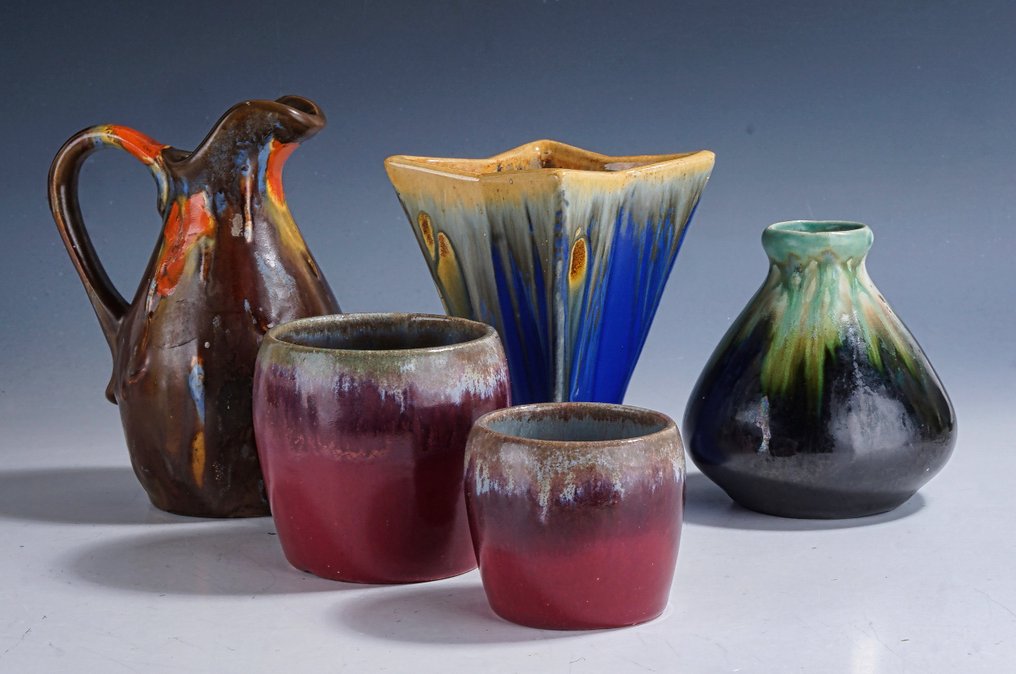 Faienceries de Thulin - Vase (5) -  Special Art Deco set with polychrome dripping glaze • 1930s  - Ceramic #1.0