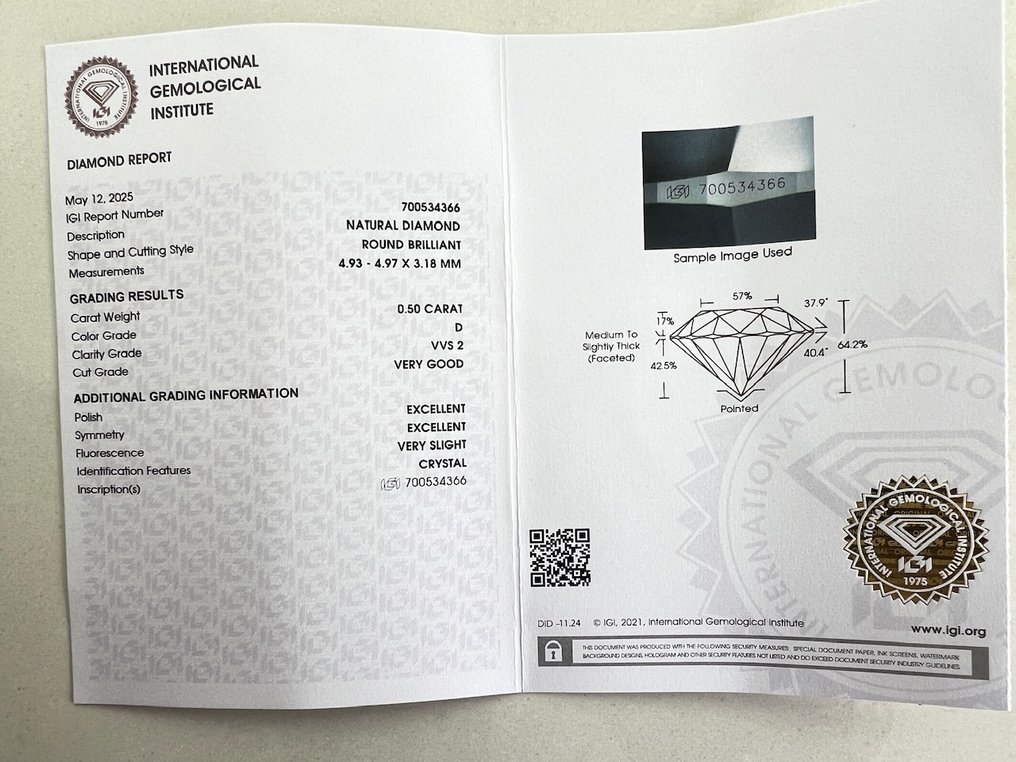 1 pcs Διαμάντι  (Φυσικό)  - 0.50 ct - Στρογγυλό - D (άχρωμο) - VVS2 - International Gemological Institute (IGI) #3.2