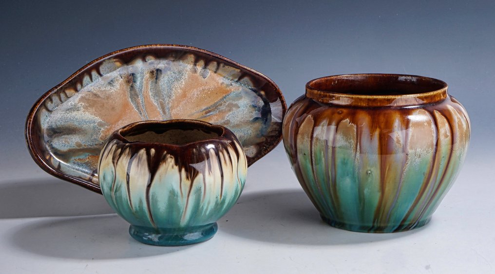 Faienceries de Thulin - Vas - Set Art Deco cu glazură decoși opaque în nuanțe de maro, verde și albastru. - Faianță #4.3