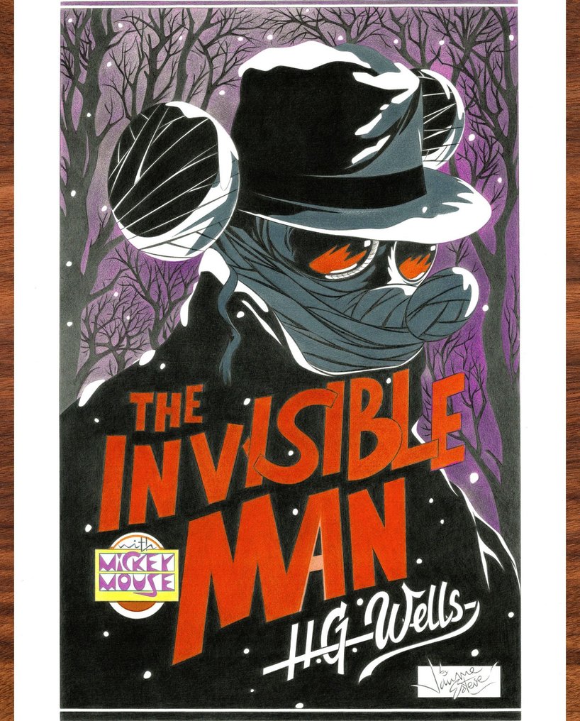 Jaume Esteve Œuvre d'art originale au crayon de couleur - Mickey Mouse as The Invisible Man (H.G. Wells) - Hand Signed #1.0