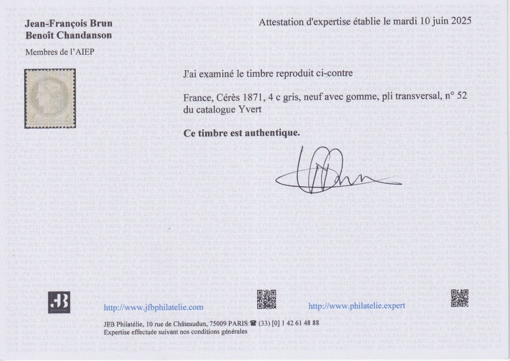Franciaország 1871 - Classique „Cérès 3. Köztársaság” N° 52, újszerű* aláírt Calves által és hitelesítve JFB Filatélia - Yvert #2.1