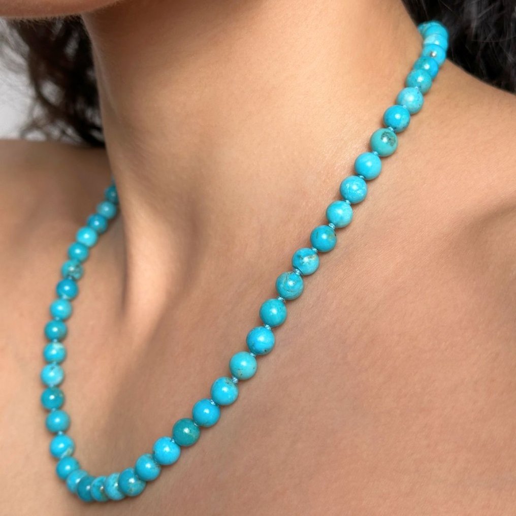 天然绿松石项链，带球状母岩，925‰镀金银制弹簧扣。 ø 6/6.5 毫米，厘米 45- 24.5 g - (1) #1.0