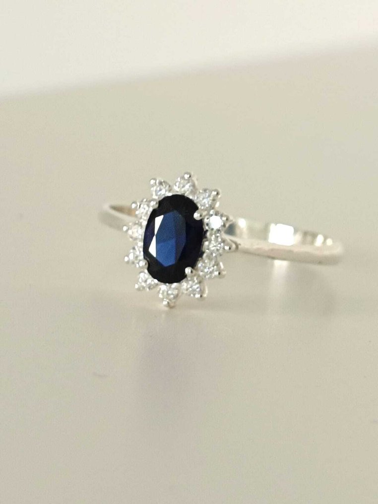 Ring - 18 karaat Witgoud Diamant (Natuurlijk)  - Saffier #1.0