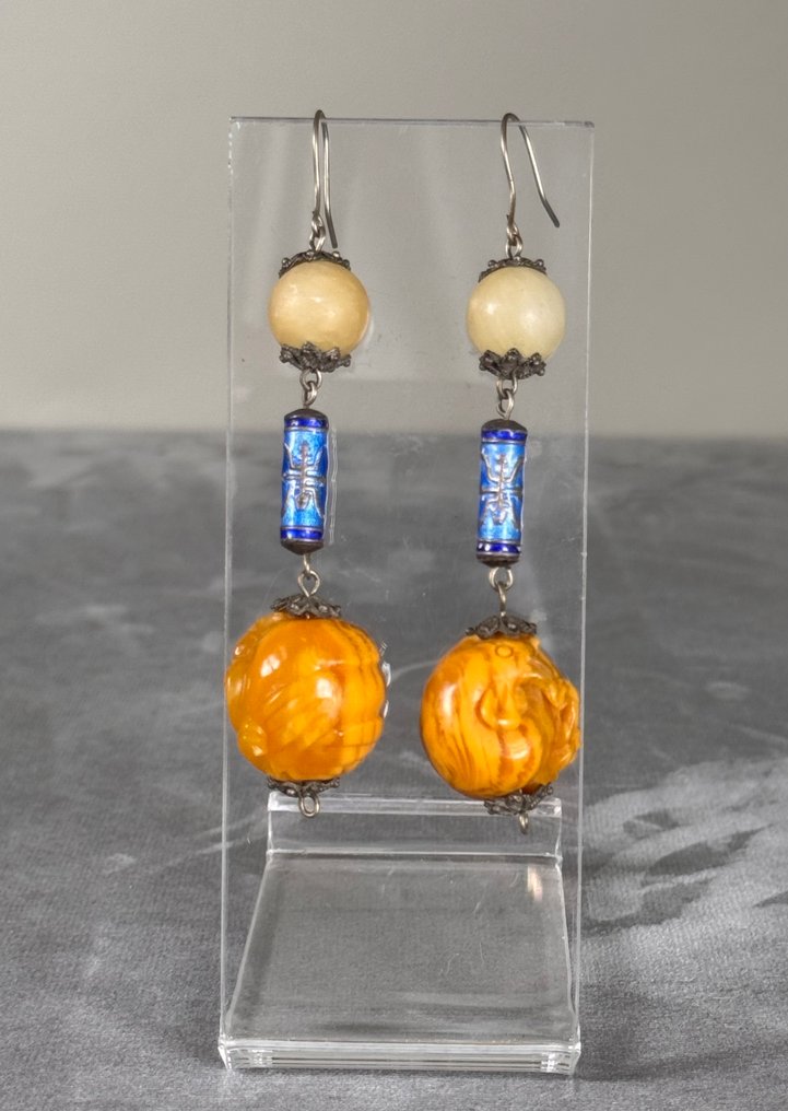 Σκουλαρίκια - Ασημί, νεφρίτης - Κίνα - Qing Dynasty (1644-1911) #2.1