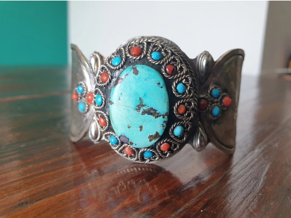 厚重的复古袖扣手镯 - 銀, 绿松石色, 珊瑚 - 尼泊爾 #1.0