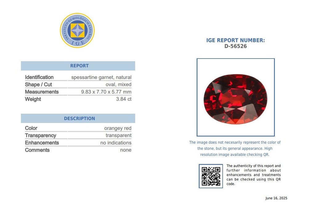 沒有保留價 - 1 pcs  橙色, 紅色 石榴石  - 3.84 ct - Instituto Gemólogico Español (IGE) #2.1