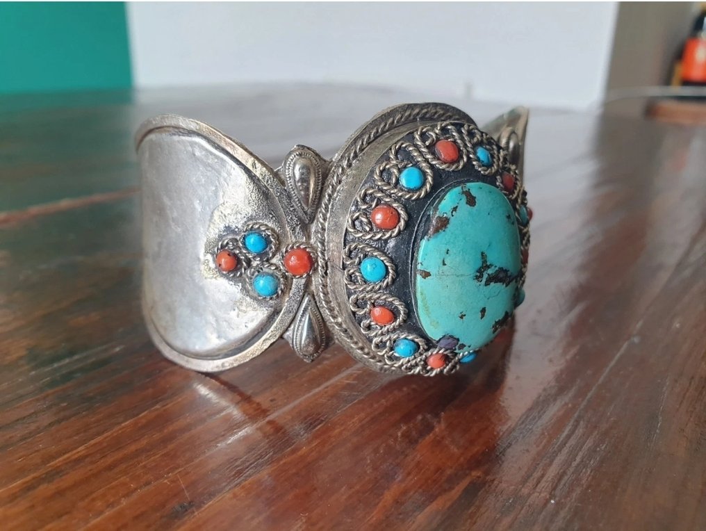 厚重的复古袖扣手镯 - 銀, 绿松石色, 珊瑚 - 尼泊爾 #3.2