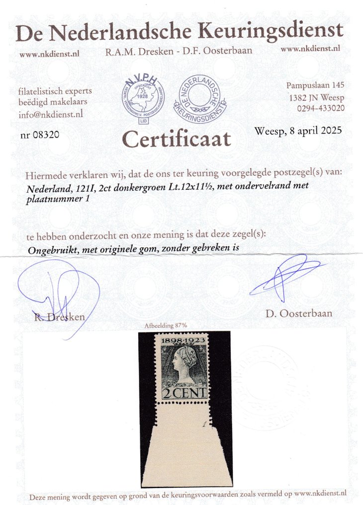 荷兰 1923 - 政府纪念日，比赛12 x 11½，带编号1的牌照 - NVPH 121I #2.1