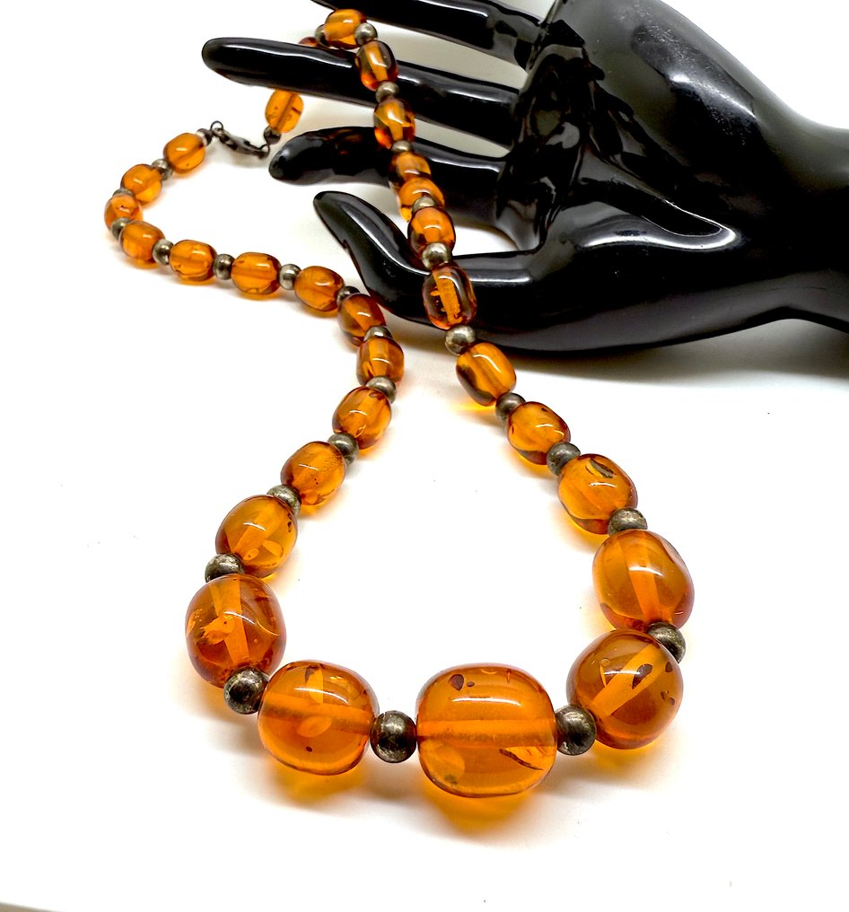 装饰艺术项链，配有橄榄色珠子 - 琥珀 - Natural Baltic amber - succinite #1.0