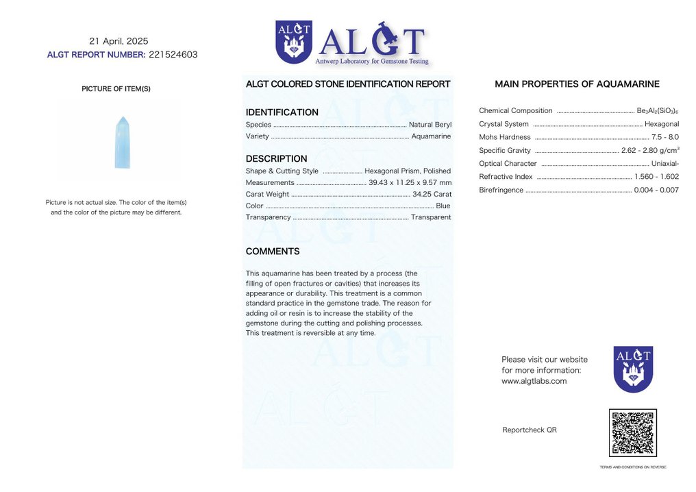 ALGT 認證 - 天然海藍寶石傑作 - 自然的光辉- 6.8 g #2.1