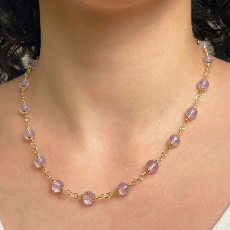 雅白水晶紫色石英球体多面切割，托盘，环链 镀金925‰银制钩扣，直径5.5/8毫米，长度43厘米- 13 g - (1) #1.0