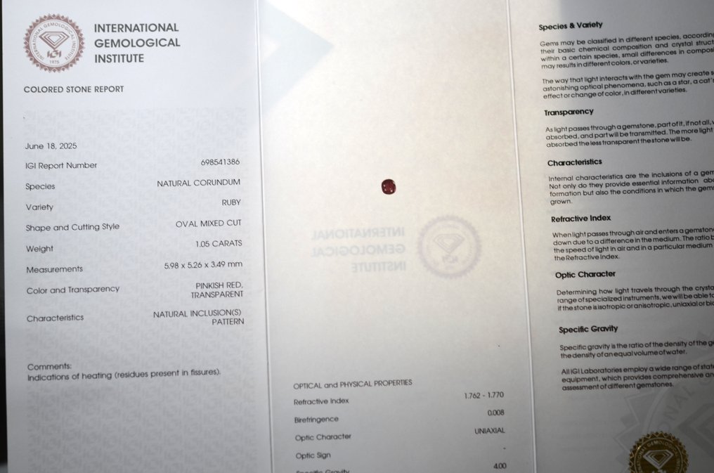Rubis  - 1.05 ct - International Gemological Institute (IGI) #3.2
