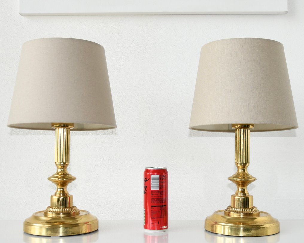 Table lamp (2) - Beautiful set of chic French brass gold-colored table lamps with fluted shaft - H 43 cm - Brass, Metal, Steel #2.1