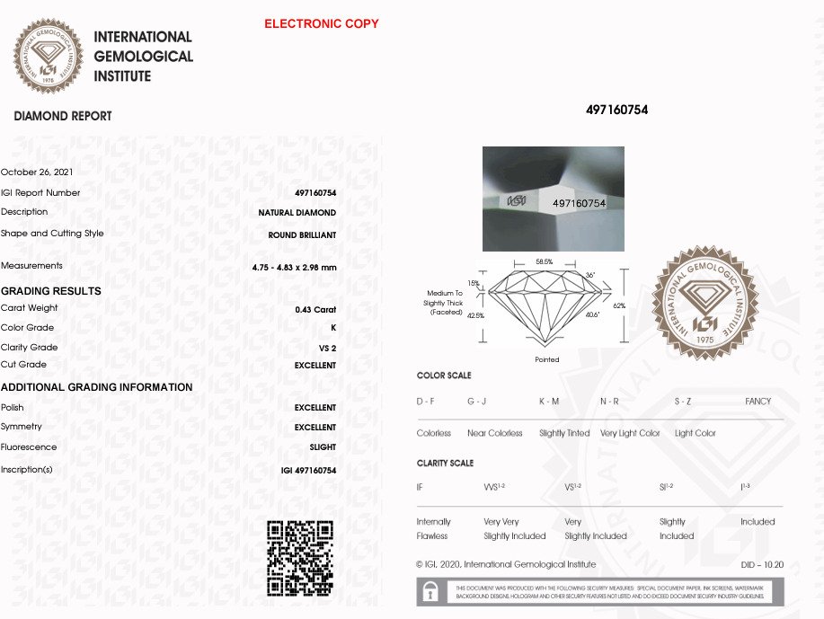 1 pcs Diamond (Natural) - 0.43 ct - Round - K - VS2 - International Gemological Institute (IGI) - Ex Ex Ex #2.1