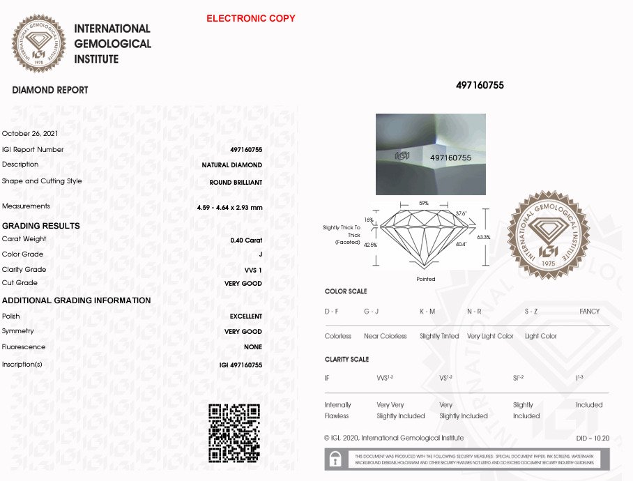 1 pcs 钻石  (天然)  - 0.40 ct - 圆形 - J - VVS1 极轻微内含一级 - 国际宝石研究院（IGI） #3.2