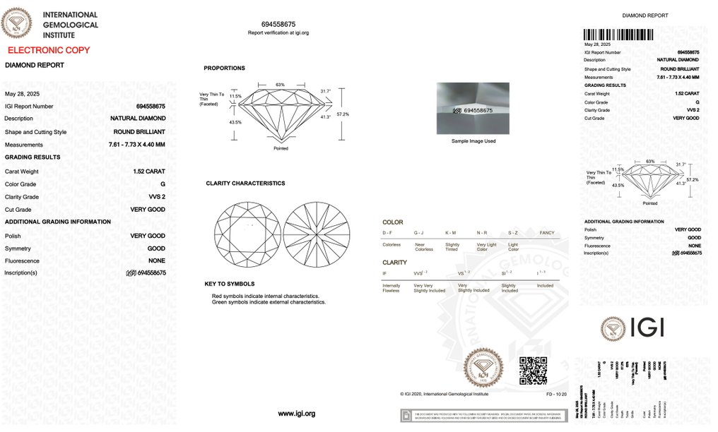 1 pcs 钻石 (天然) - 1.52 ct - 圆形 - G - VVS2 极轻微内含二级 - 国际宝石研究院(IGI) - 璀璨钻石 #2.1