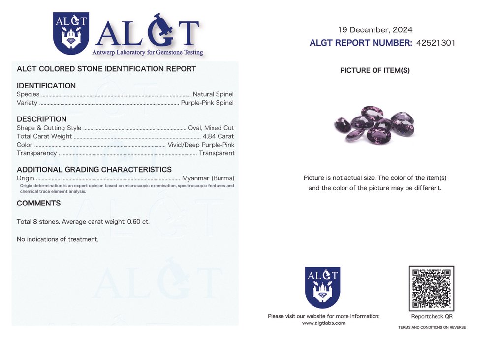 8 pcs  Spinel  - 4.84 ct - Antwerp Laboratory for Gemstone Testing (ALGT) - Diep purper-rosé #2.1