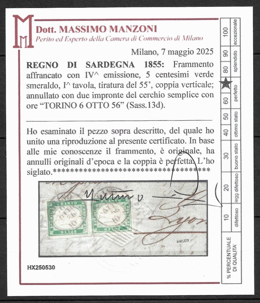 State Italiene Antice - Sardinia 1855 - Effigie de Vittorio Emanuele II în relief, 5c verde smarald. Certificat Manzoni în stare excelentă. - Sassone. n. 13d #1.0