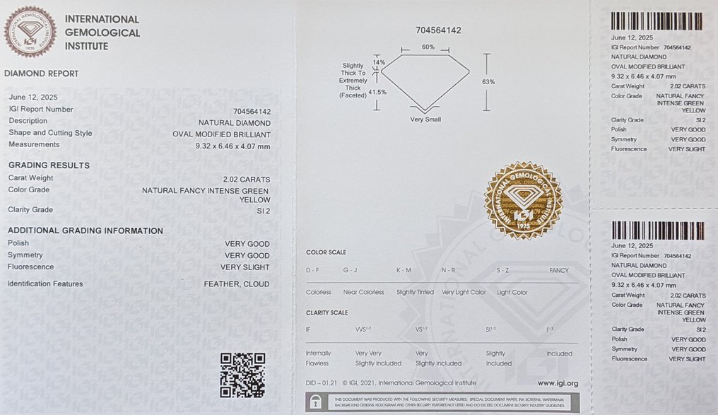 Ingen reservasjonspris - 1 pcs Diamant (Naturfarget) - 2.02 ct - Oval - Fancy intense Grønn Gul - SI2 - Det internasjonale gemologiske institutt (IGI) #2.1