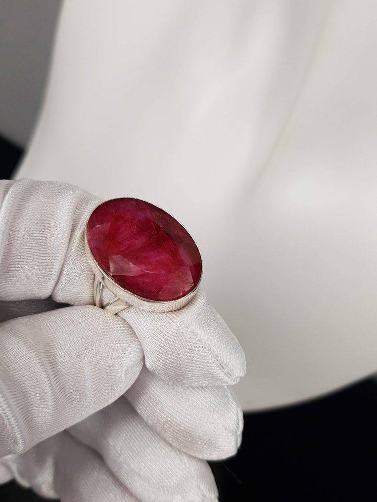 银, 天然红宝石 / 直径18.5毫米 / 免运费 - 戒指 #1.0