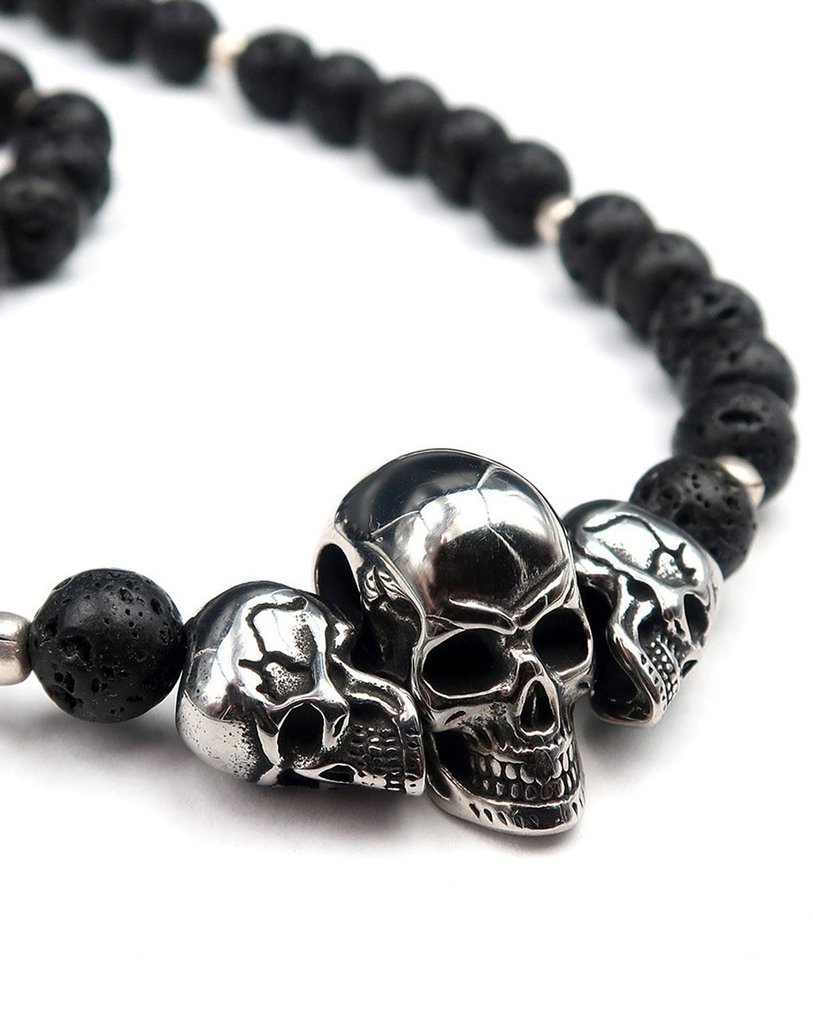 熔岩石 - 3个雕刻骷髅 - 生命之记 - 不朽的力量 - 925纯银扣 - 吊坠项链 #1.0