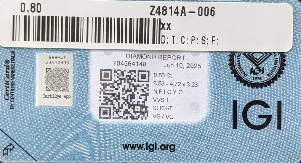 1 pcs 钻石  (天然色彩的)  - 0.80 ct - 椭圆形 - Fancy intense 稍帶綠色的, 黄色 橙色 - VVS1 极轻微内含一级 - 国际宝石研究院（IGI） #3.2