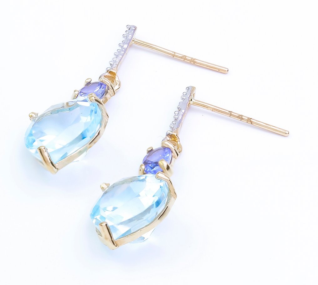 χωρίς τιμή ασφαλείας - Σκουλαρίκια - 14 καράτια Κίτρινο χρυσό Τοπάζιο - Διαμάντι - Τανζανίτης #3.2