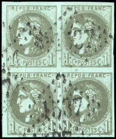 France 1870 - 1 c. olive report 3, block of 4 signed Calves with certificate, obliteration GC 1537. - Yvert 39C #1.0