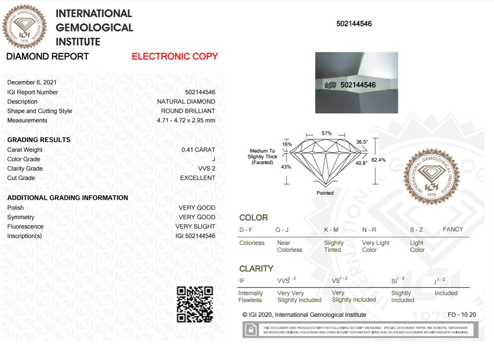 1 pcs 钻石  (天然)  - 0.41 ct - 圆形 - J - VVS2 极轻微内含二级 - 国际宝石研究院（IGI） #2.1