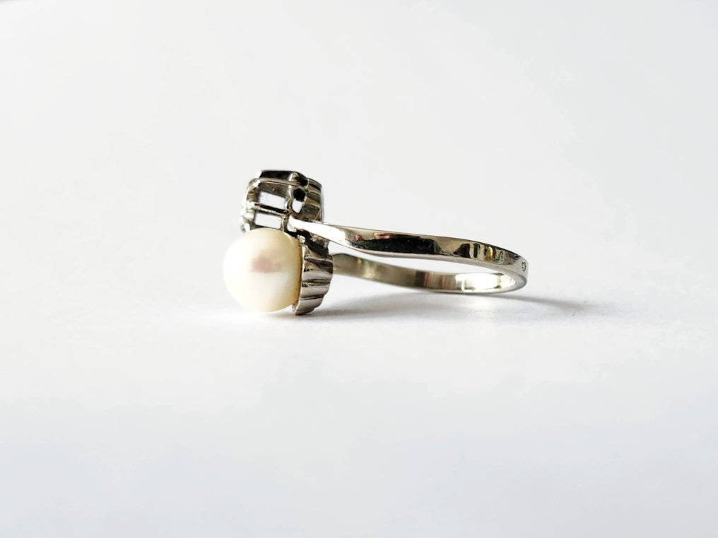 戒指 - 18 克拉 白金 -  0.10ct. tw. 鉆石 (天然)  - 珍珠 #2.1