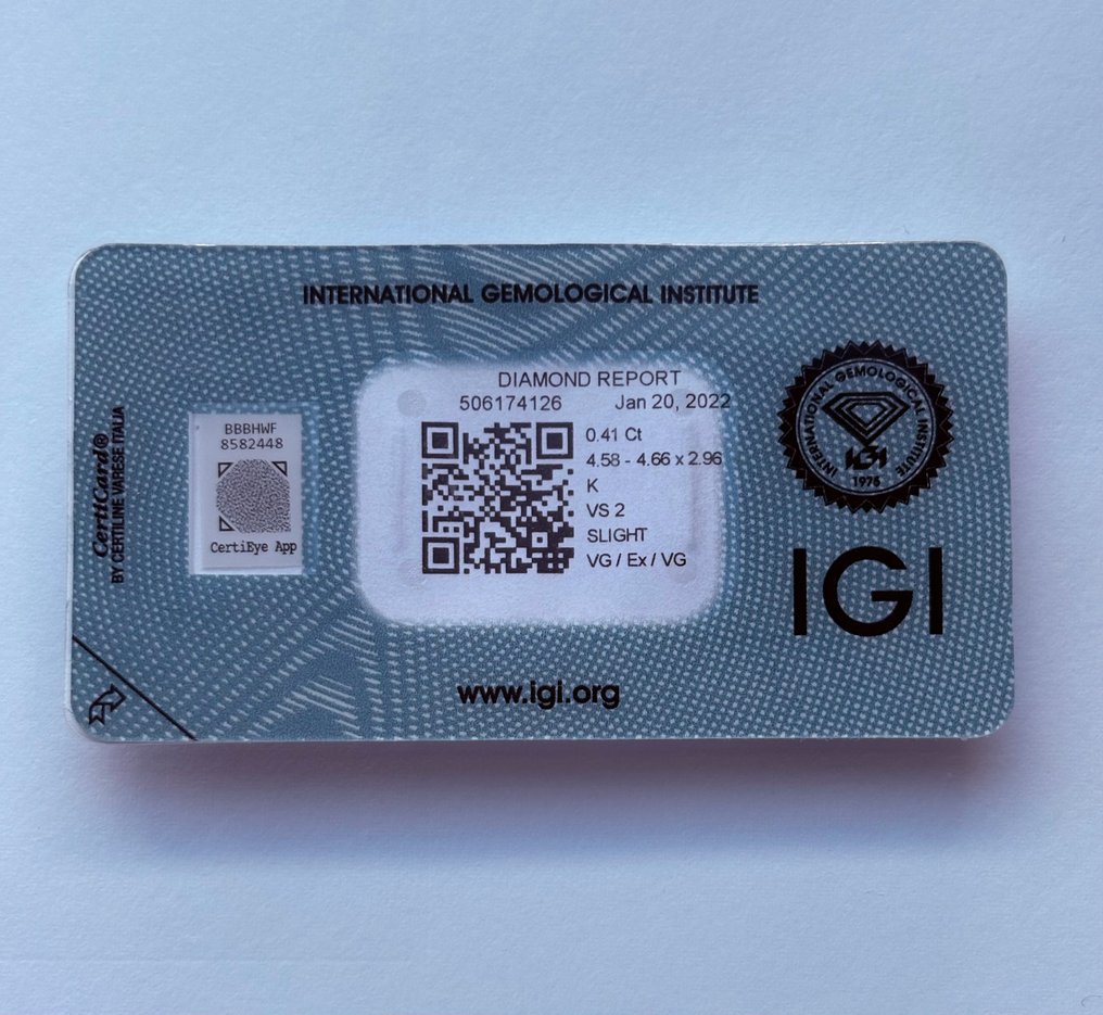 1 pcs Diamant  (Natural)  - 0.41 ct - Rotund - K - VS2 - IGI (Institutul gemologic internațional) #1.0
