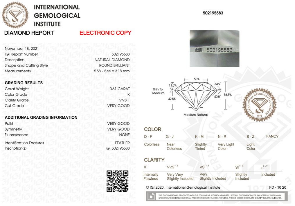1 pcs Gyémánt (Természetes) - 0.61 ct - Kerek - K - VVS1 - Nemzetközi Gemmológiai Intézet (IGI) #2.1