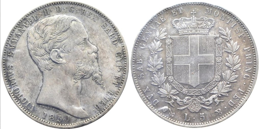 意大利， 萨伏依 Vittorio Emanuele II (1849-1878). 5 Lire 1850 Genova #2.1