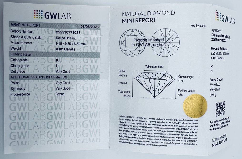 1 pcs Diamant (Natürlich) - 4.02 ct - Rund - K - I1 - Gemewizard Gemological Laboratory (GWLab) - ( NATÜRLICH - VG/VG/VG ) #4.3