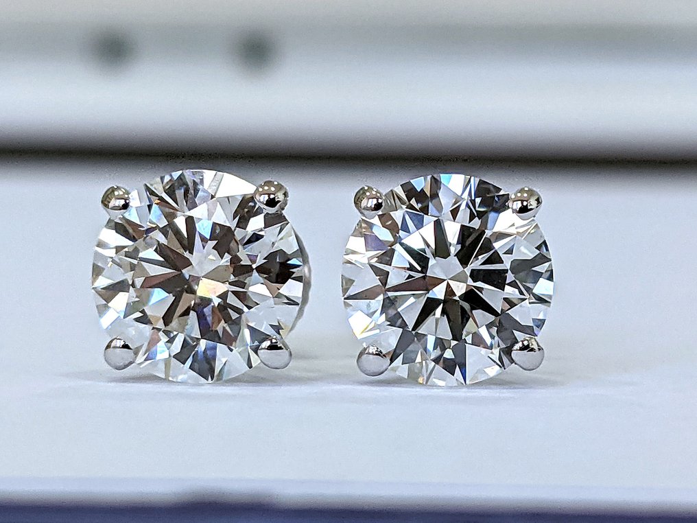 没有保留价 - 小型钉状耳环 - 14K包金 白金 -  3.01ct. tw. 钻石 (实验室培育) - D VVS2 IGI 认证 #2.1