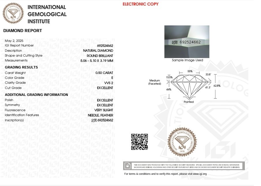 1 pcs 钻石  (天然)  - 0.50 ct - 圆形 - E - VVS2 极轻微内含二级 - 国际宝石研究院（IGI） - Ex Ex Ex #4.3