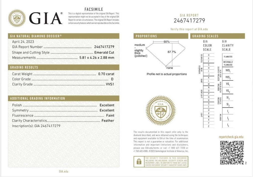 1 pcs 鑽石  (天然)  - 0.70 ct - 祖母綠形 - D (無色) - VVS1 - 美國寶石學院（Gemological Institute of America (GIA)） - Ex Ex #4.3