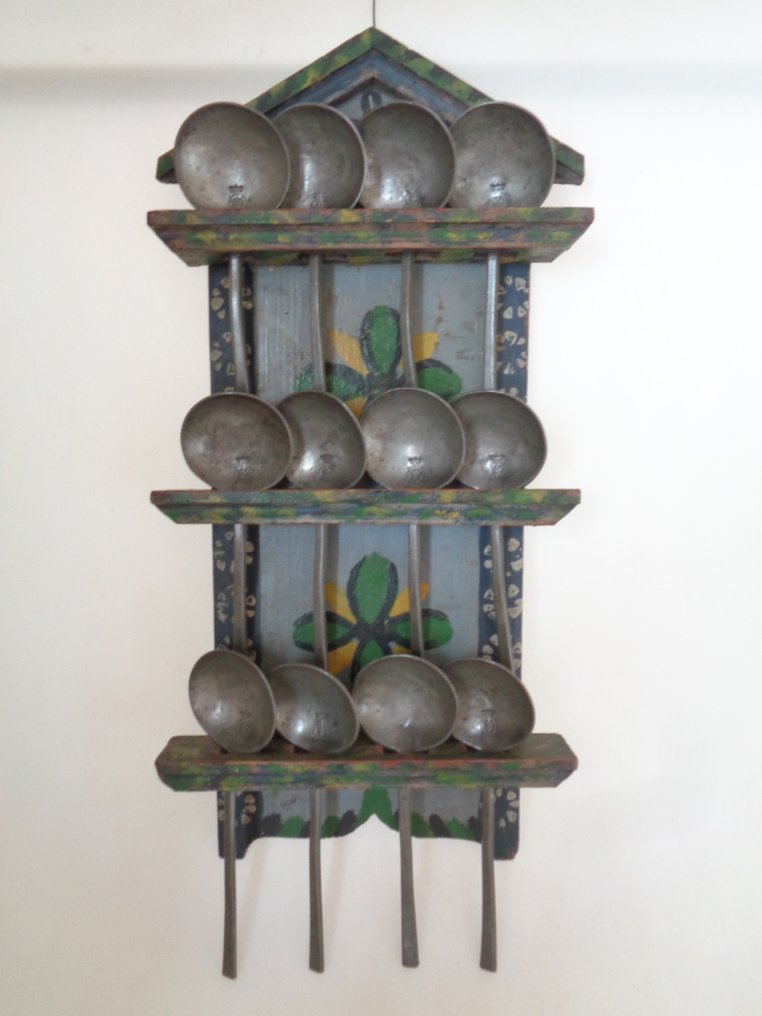 Lepelrek - volkskunst beschilderd - eind 19e eeuw - Κουτάλι - Ξύλο, Κασσίτερος #1.0