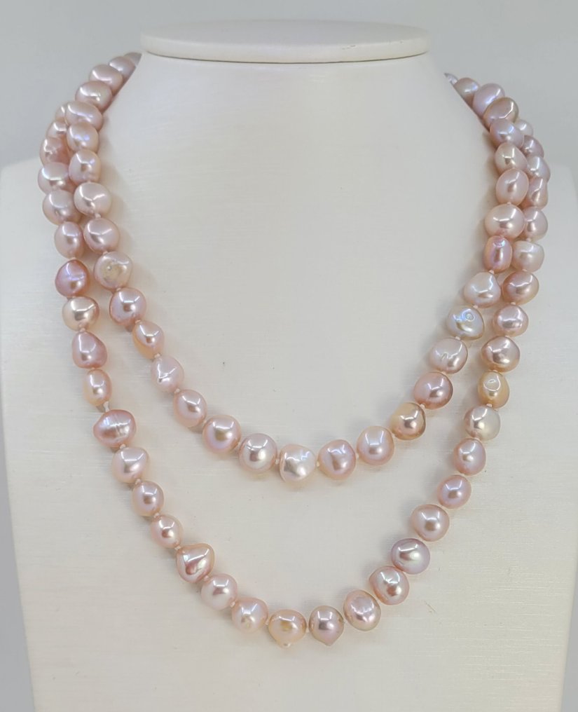 Sem preço de reserva - Colar Pérolas Edison rosas de 9x11mm, Prata #1.0