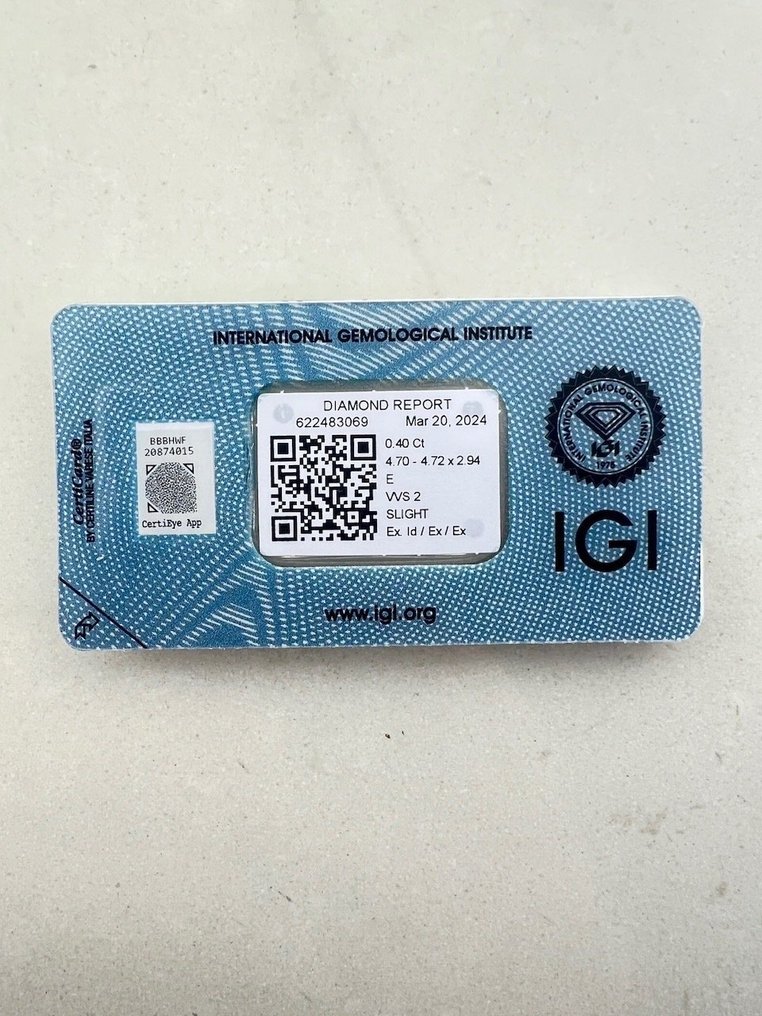 1 pcs 钻石  (天然)  - 0.40 ct - 圆形 - E - VVS2 极轻微内含二级 - 国际宝石研究院（IGI） #1.0