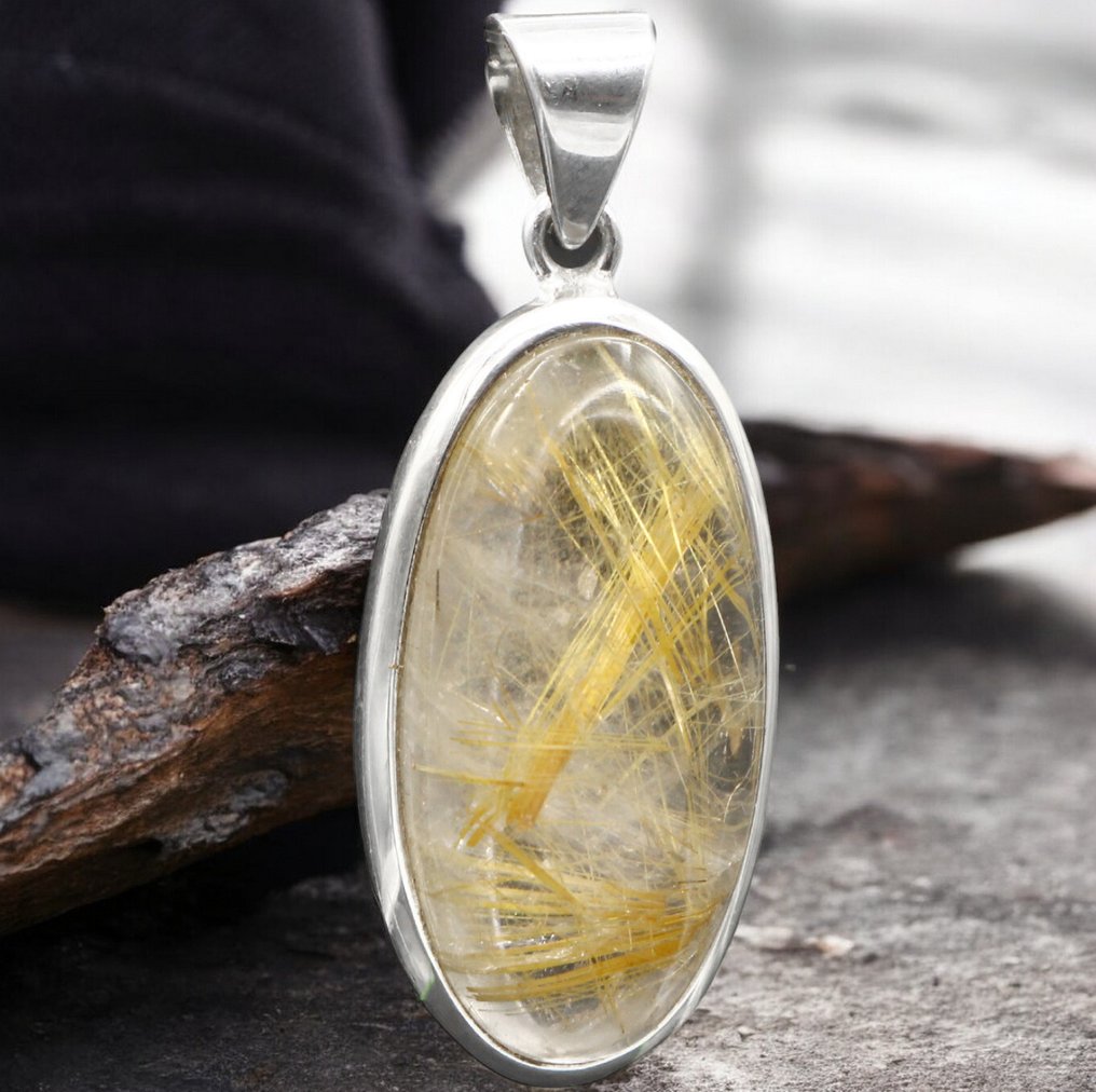 Pandantiv de argint Cuart rutilat auriu - Cabochon - Înălțime: 38.4 mm - Lățime: 15.7 mm- 8 g #1.0