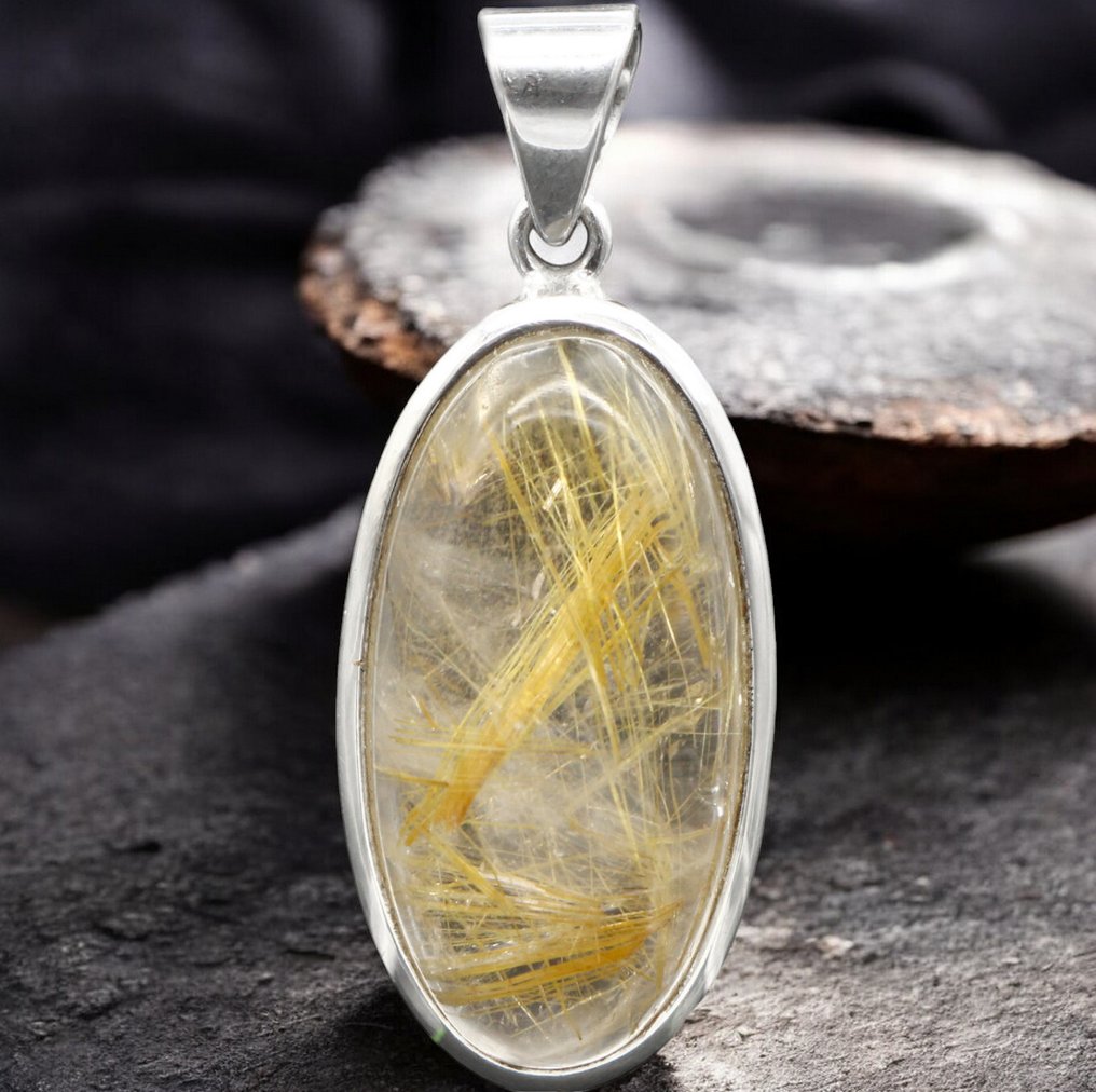 Pandantiv de argint Cuart rutilat auriu - Cabochon - Înălțime: 38.4 mm - Lățime: 15.7 mm- 8 g #2.1