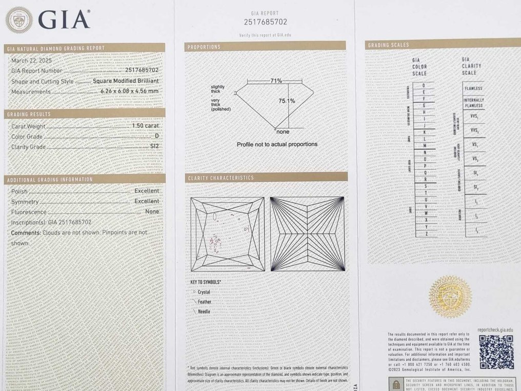 1 pcs 钻石  (天然)  - 1.50 ct - 方形 - D (无色) - SI2 微内含二级 - 美国宝石研究院（GIA） #4.3