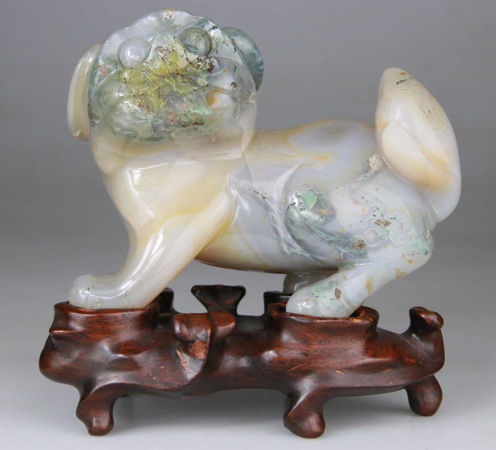 Γλυπτό Κινεζικής τέχνης - Λιοντάρι Chimere - Στυλ Ming - Βάση από ξύλο ροδόδεντρου - Αγάτη Μους - Κοραλλίνη - Κίνα - Τέλος του 19ου αιώνα - Qing #2.1